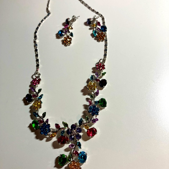 Silver and blue floral statement jewelry, necklace and earrings set, maximalist - Picture 1 of 8